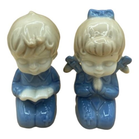 Vintage Other - Vintage Pair of Kneeling Children Praying Blue Outfits Ceramic Japan